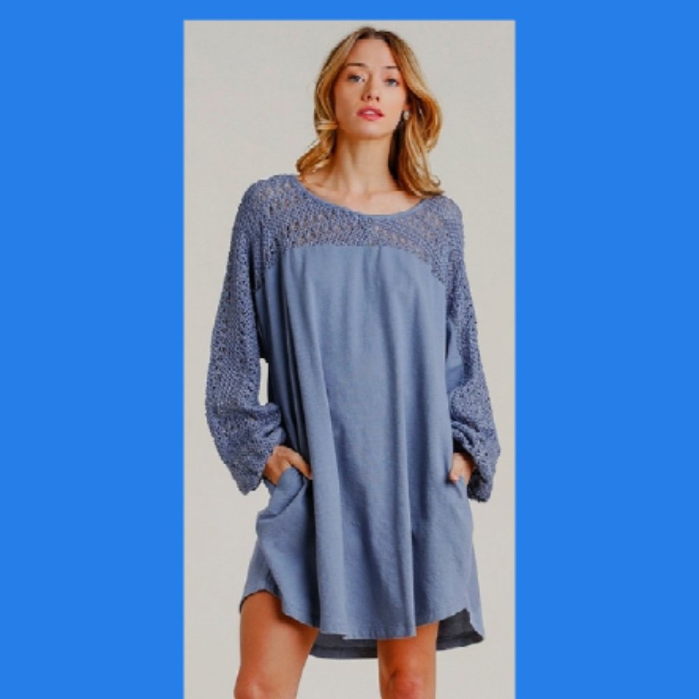 New UMGEE S M Blue Knit Crochet Accent Pockets Hi-Low Oversized Cotton Dress